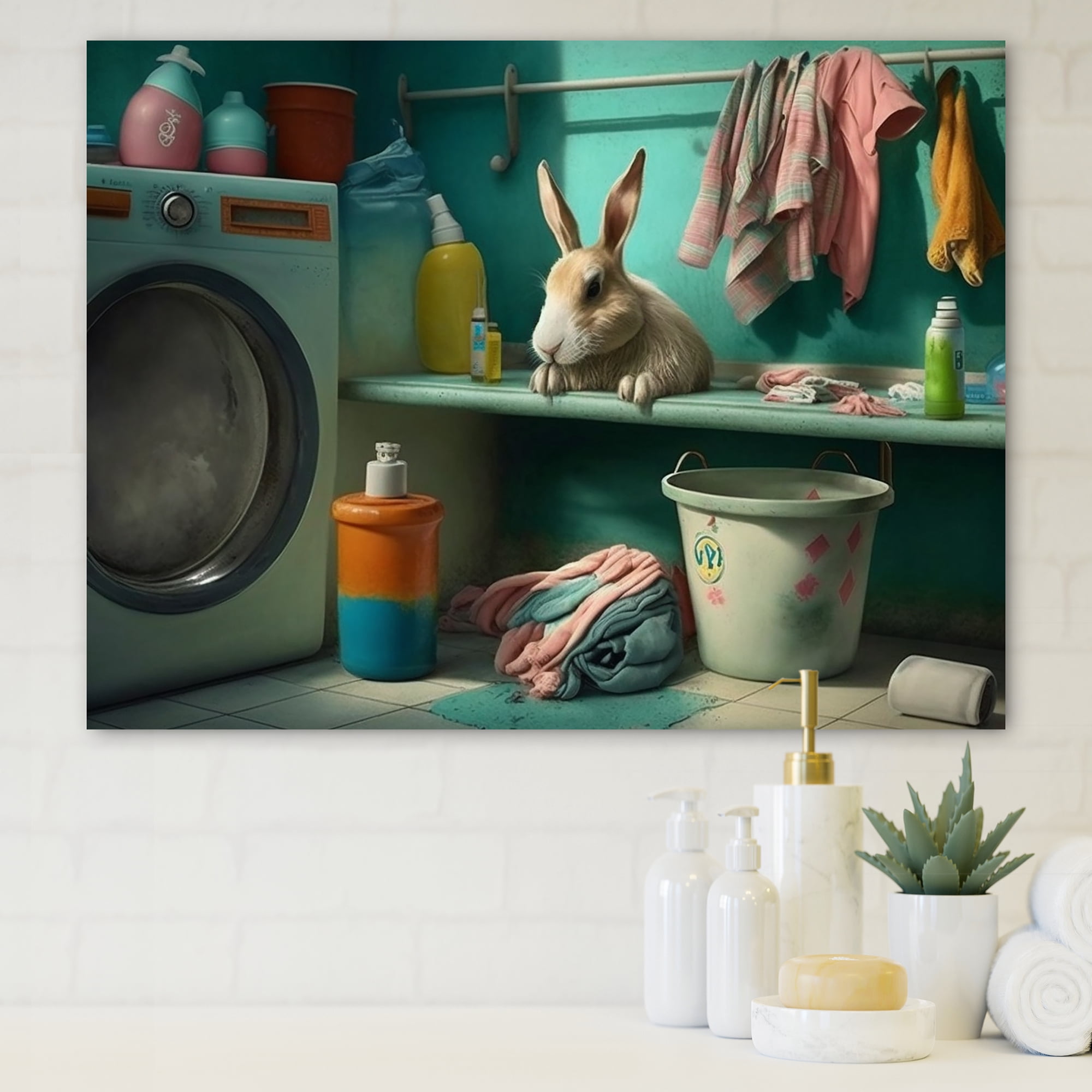 Designart Funny Rabbit Doing Laundry III Canvas Wall Art