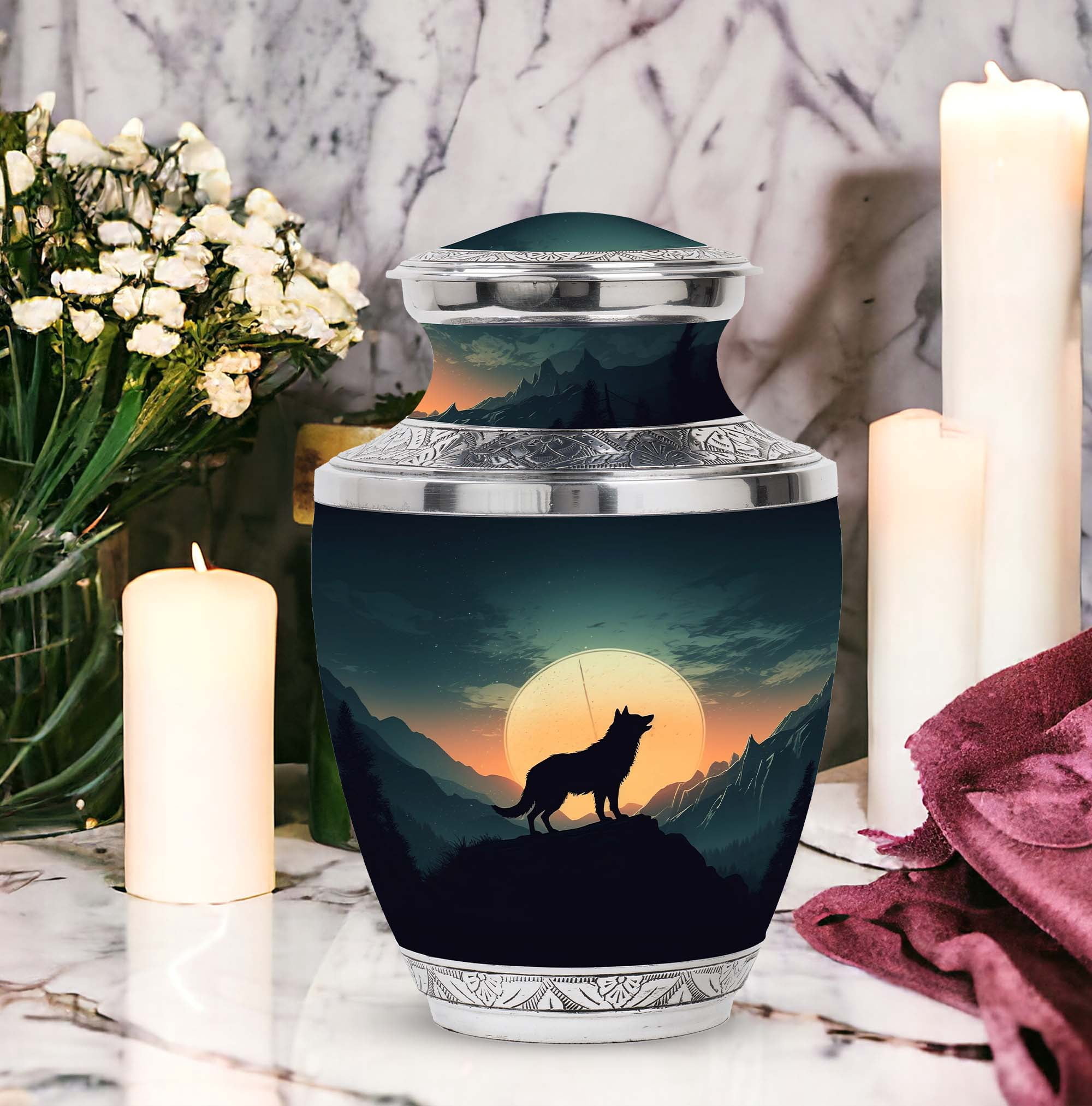 wolf-howling-moon-night-sky Noble Large Outdoor Urn for Human Ashes - Majestic Rest - Durable Tribute Funeral Urns For Human Ashes - Memorial Urns 10 Inch