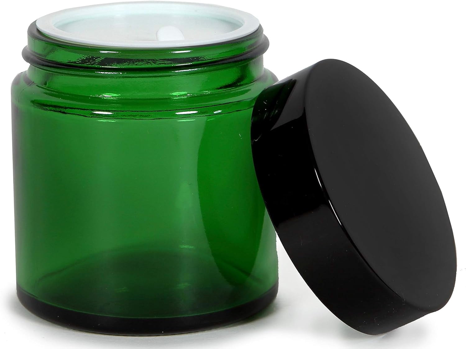 Vivaplex, 12, Green, 4 oz, Round Glass Jars, with Inner Liners and black Lids