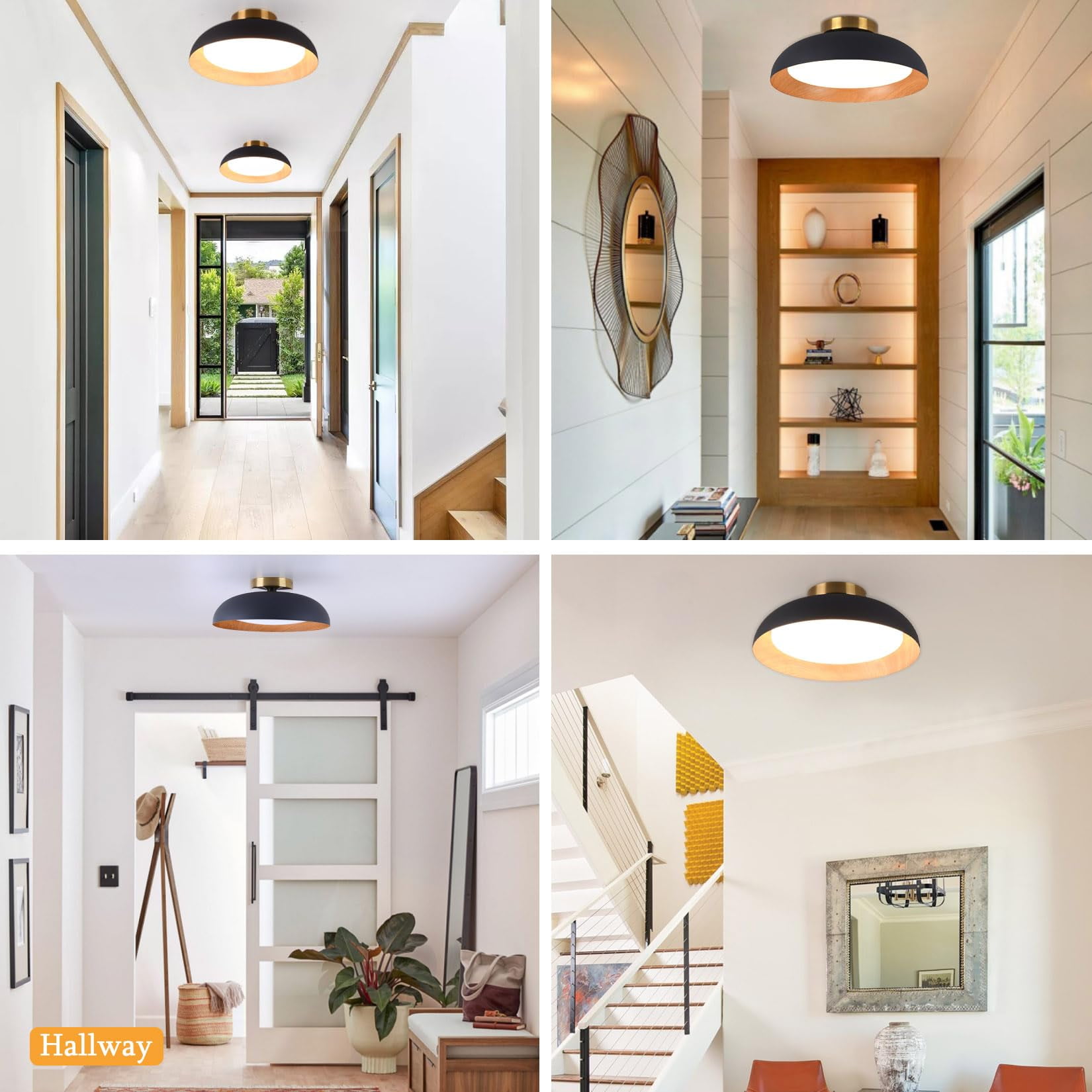 BESTOMINE Flush Mount Ceiling Light,12.5 inch LED Ceiling Light Fixture,2700K-6000K/20W, Matte Black with Wood Accent