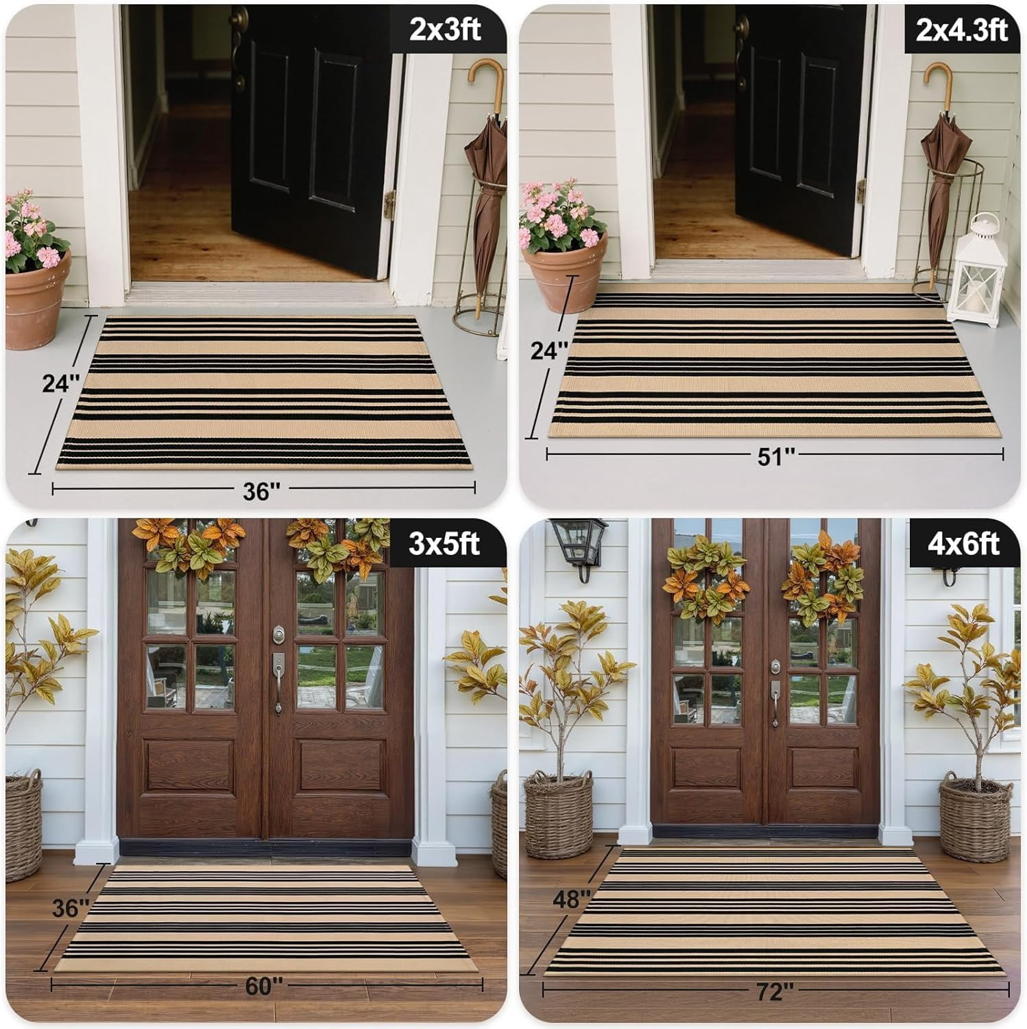 Xwl Outdoor Rug 3'x5', Black and Tan Area Rug Machine Washable Rugs Cotton Hand Woven Entry Rug Indoor Outdoor Striped Carpet for Front Porch/Deck/Backyard/Camping/Outdoor Decor
