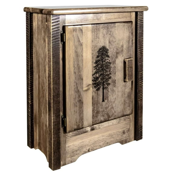 Homestead Collection Accent Cabinet w/ Laser Engraved Pine Design, Right Hinged, Stain & Clear Lacquer Finish