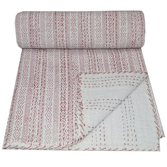 Indian Hand Block Print Kantha Quilt Queen Size Quilt Kantha Throw Blanket Cotton Bedspread Boho Quilt Vintage Gudari Kantha Quilts