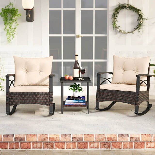 Costway 3 PCS Rattan Rocking Chair Set with Acacia Wood Tabletop Armrests for Porch Balcony Mix Brown + Beige