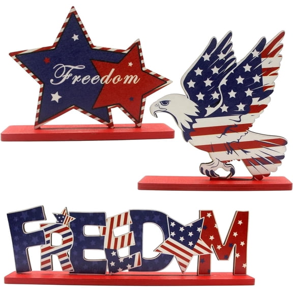 3 Pack Patriotic Decorations,4th of July Wooden Table Centerpiece with Wooden Stars Eagle Freedom,Red White Blue Independence Day Decor for Patriotic Party Memorial Day Home Decor