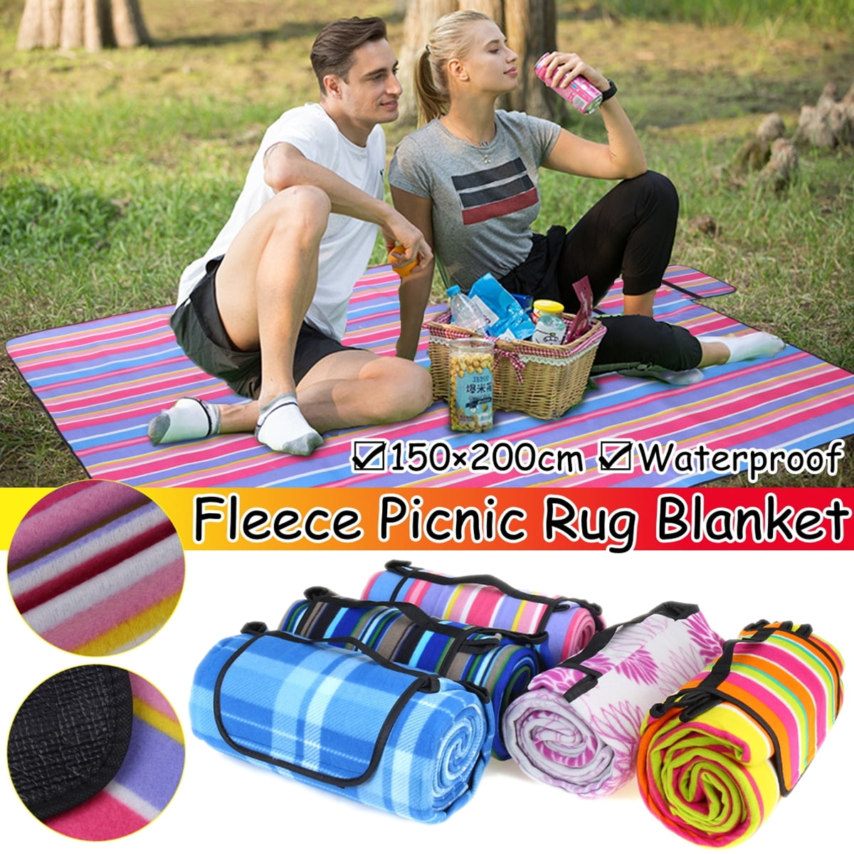 Picnic Blanket Mat 200cm XL Waterproof Fleece Camping Outdoor Beach Festival Rug 