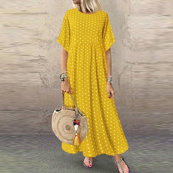 CHGBMOK Summer Dresses for Women 2024 Plus Size Polka Dot Print Short Sleeve Round Neck Bohemia Maxi Dress