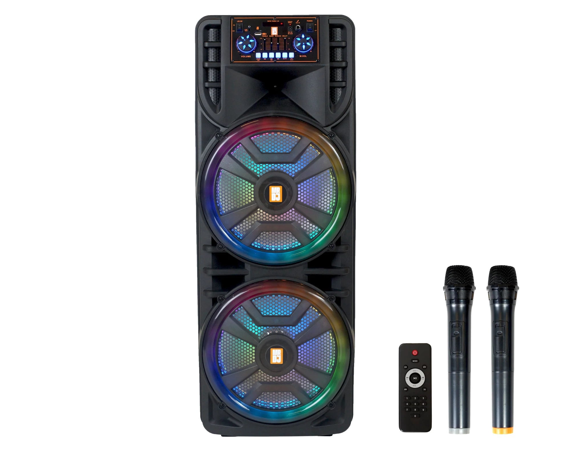 MR DJ NEWYORK 2.0 Dual 12" Rechargeable Portable Bluetooth Karaoke Speaker Party Flame Lights with 2 Wireless Microphone TWS USB FM Radio
