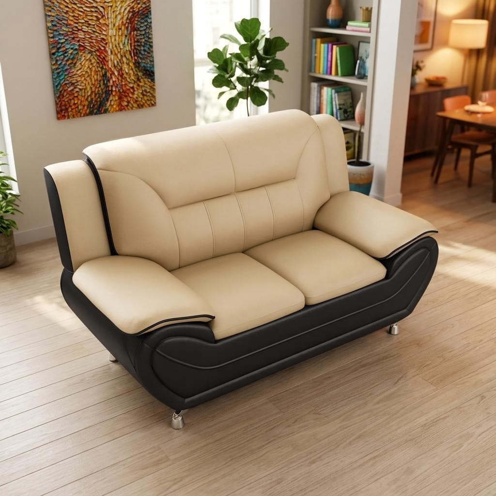 Wakefit 61"W Modern Faux Leather Loveseat,Upholstered 2-Seater Sofa Couch with Stainless Steel Legs for Living Room,Apartments,Camel & Black