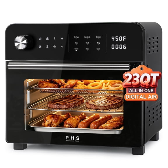 PHS 24 QT Digital Air Fryer Oven with Screen Display Double Glass Door Air Fryer Toaster Oven Combo with 9 Presets & 300-Min Timer for Countertop Cooking