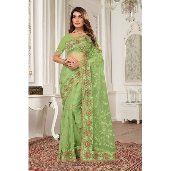 Designer Green Resham Zari Embroidery Net Saree