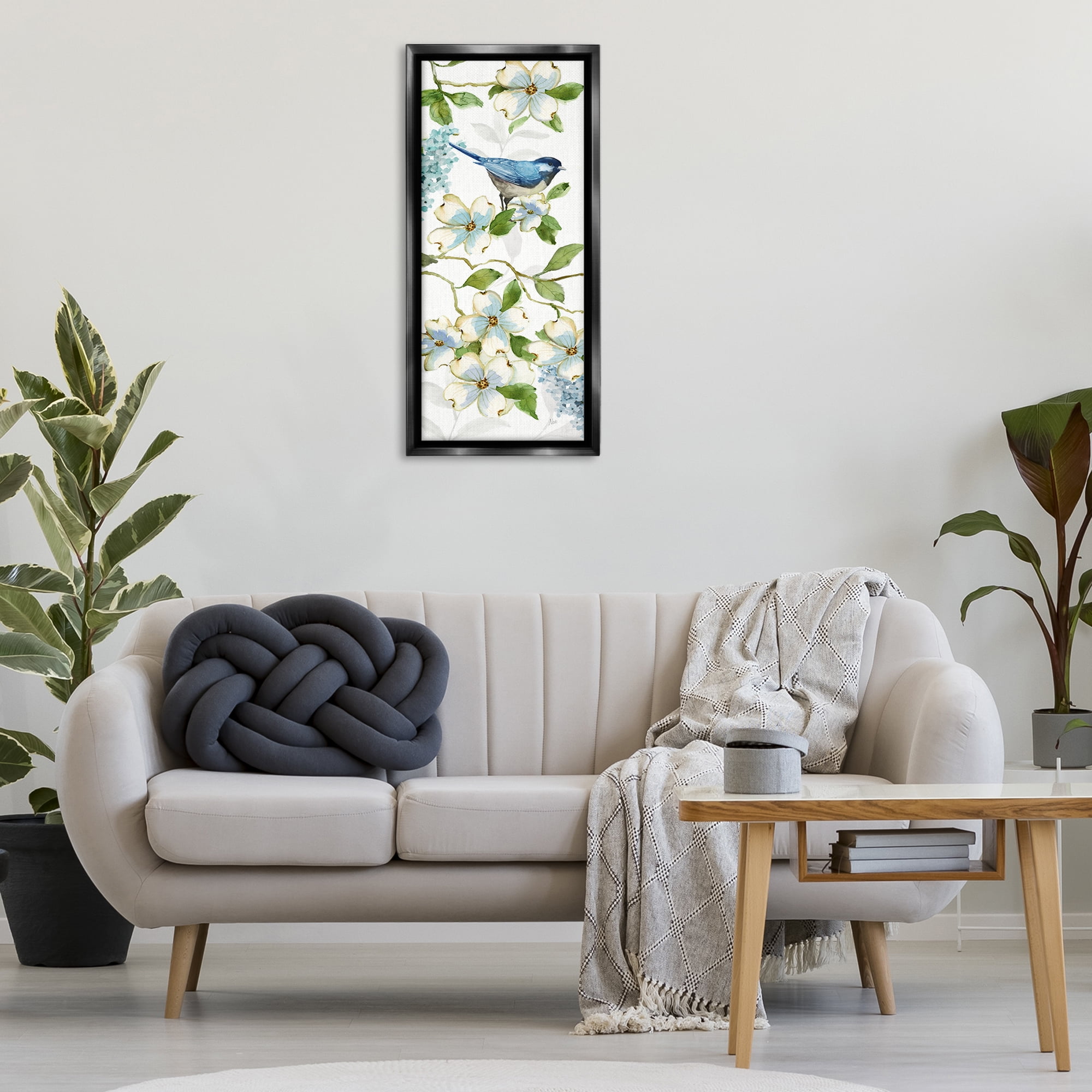 Stupell Industries Bird Perched on Dogwood Plants & Flowers Painting Black Floater Framed Canvas Art Print Wall Art, 14 x 31
