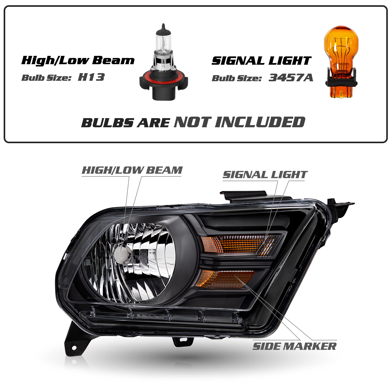 For 2010 2011 2012 2013 2014 Ford Mustang Halogen Type Headlight Headlamp Pair