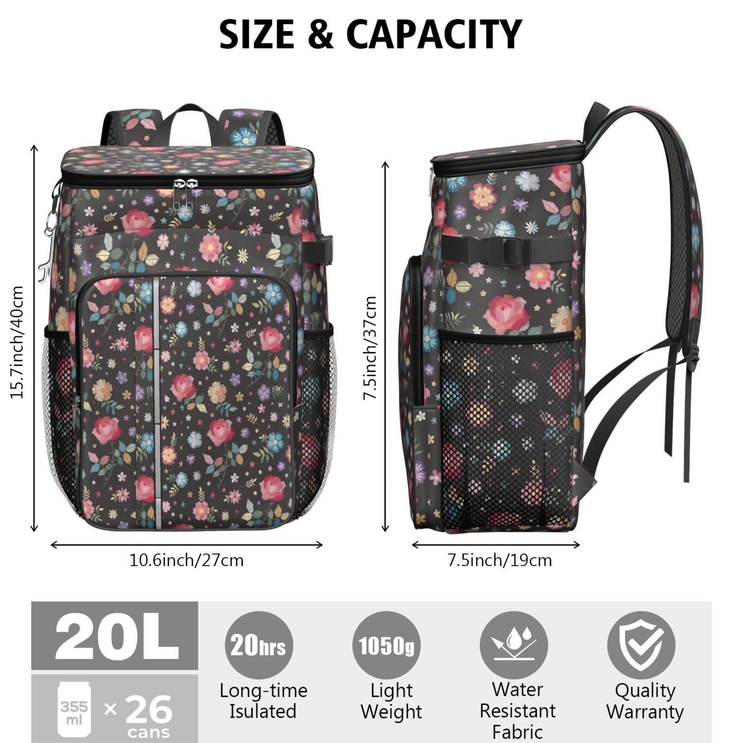 Travel Cooler Bag - Pioneer Flower Floral Print Pattern Camping Beer Cooler Backpack with Bottle Opener- Waterproof Insulated Picnic Backpacks - Cooler Bag for Beach
