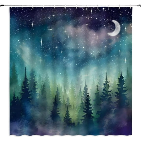 Forest Moon Shower Curtain Watercolor Misty Forest Fantasy Starry Sky Galaxy Nature Gothic Scenery Abstract Outdoor Bathroom Decor Curtains with Hooks, Purple