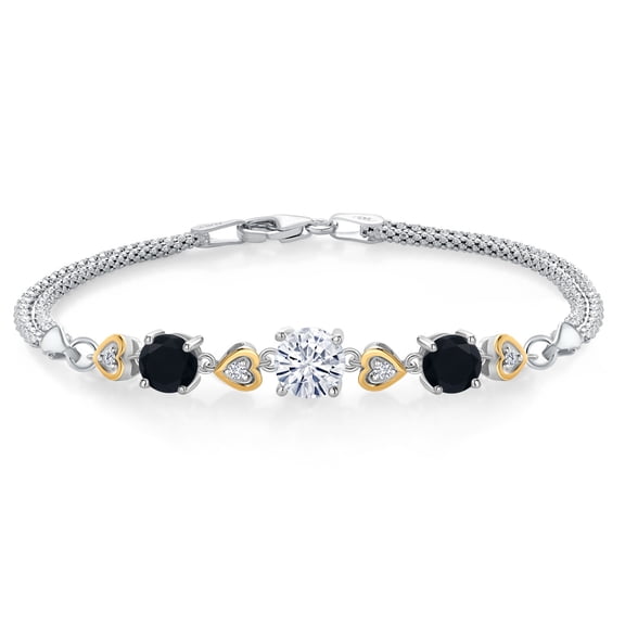 Gem Stone King 925 Sterling Silver and 10k Yellow Gold White Moissanite Black Onyx and White Lab Grown Diamond Bracelet for Women (2.88 Cttw, Round 7MM and 6MM, 6.5/7/7.5 inch, Made in Italy)