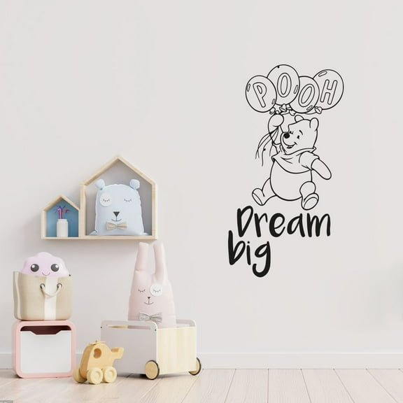 Dream Big Cute Winnie The Pooh Happy Face Balloon Jump Winnie The Pooh Quote Drawing Vinyl Wall Sticker Decal Art Décor Home Room Kids Room Boys Girls Room PoohLiving Room Decoration Size (30x12 inch)