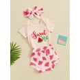 thumbnail image 3 of Suealasg Baby Girl Birthday Outfits Clothes Short Sleeve Letter Print Romper + Watermelon Print Shorts + Headband Set 3Pcs Summer Clothing for Newborn Girl, 3 of 9