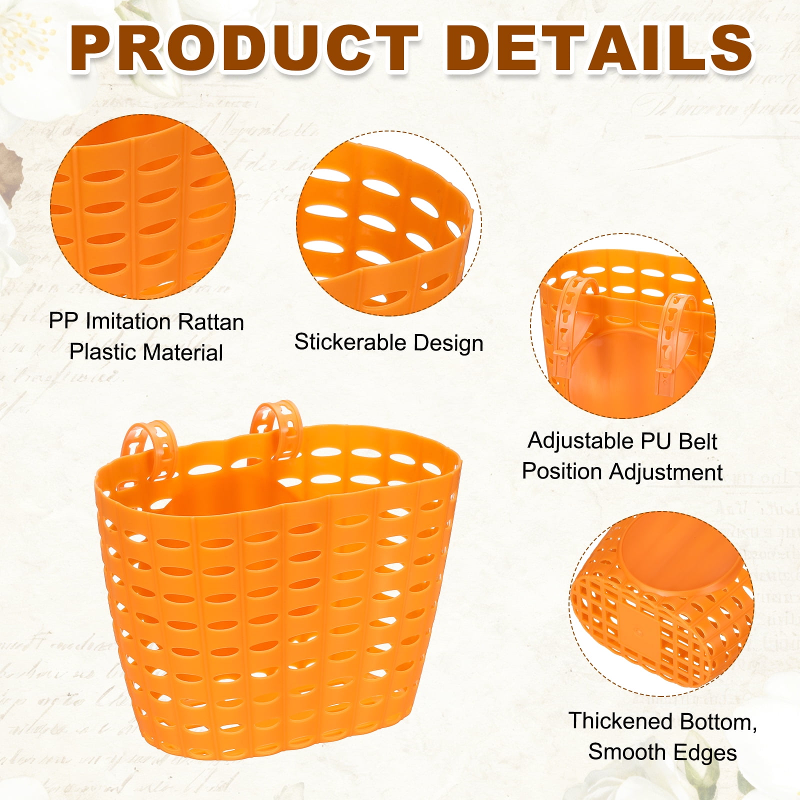 Uxcell Bike Basket, Plastic Bicycle Basket Adjustable Front Baskets with 2 Adjustment Buckles Unisex Strong Load 7.7 x 5.1 x 5.9" & Orange-Fitting For(Most Bikes/Tricycle/Scooters)