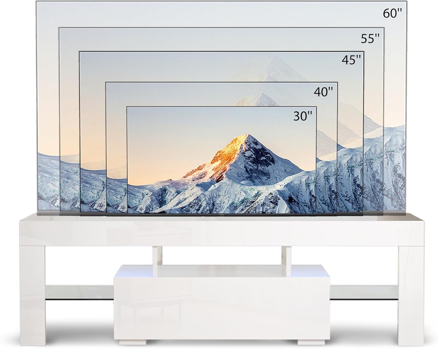 YWEN 51'' LED TV Stand, High Glossy Modern Entertainment Center with LED Lights and Storage for 40/43/50/55 Inch TV (White, 51'' x 14'' x 18'')