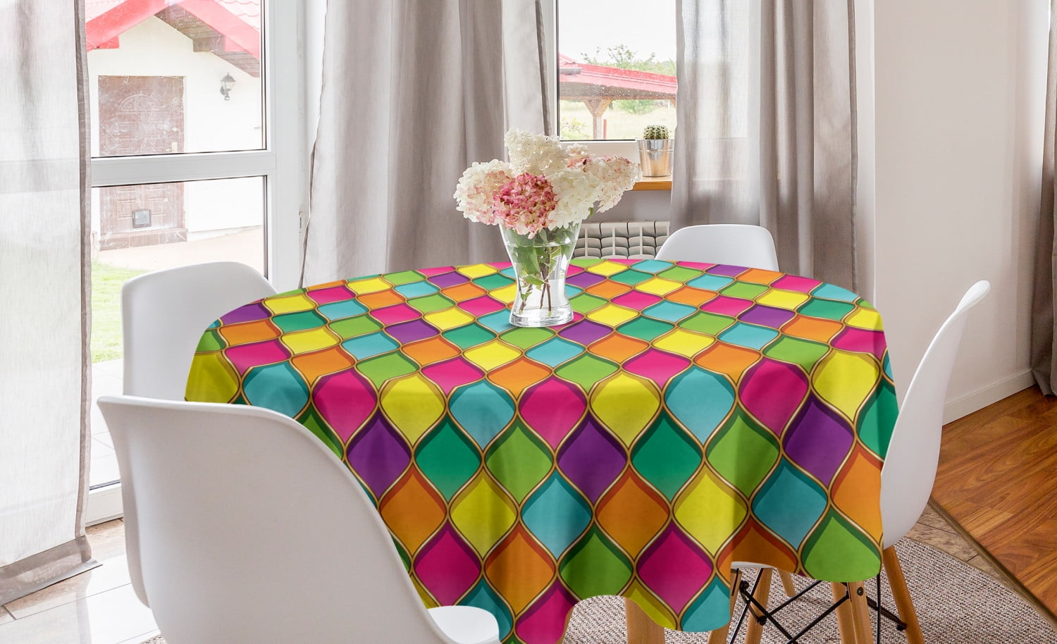 Geometric Round Tablecloth, Vivid Colored Stained Glass Style Pattern
