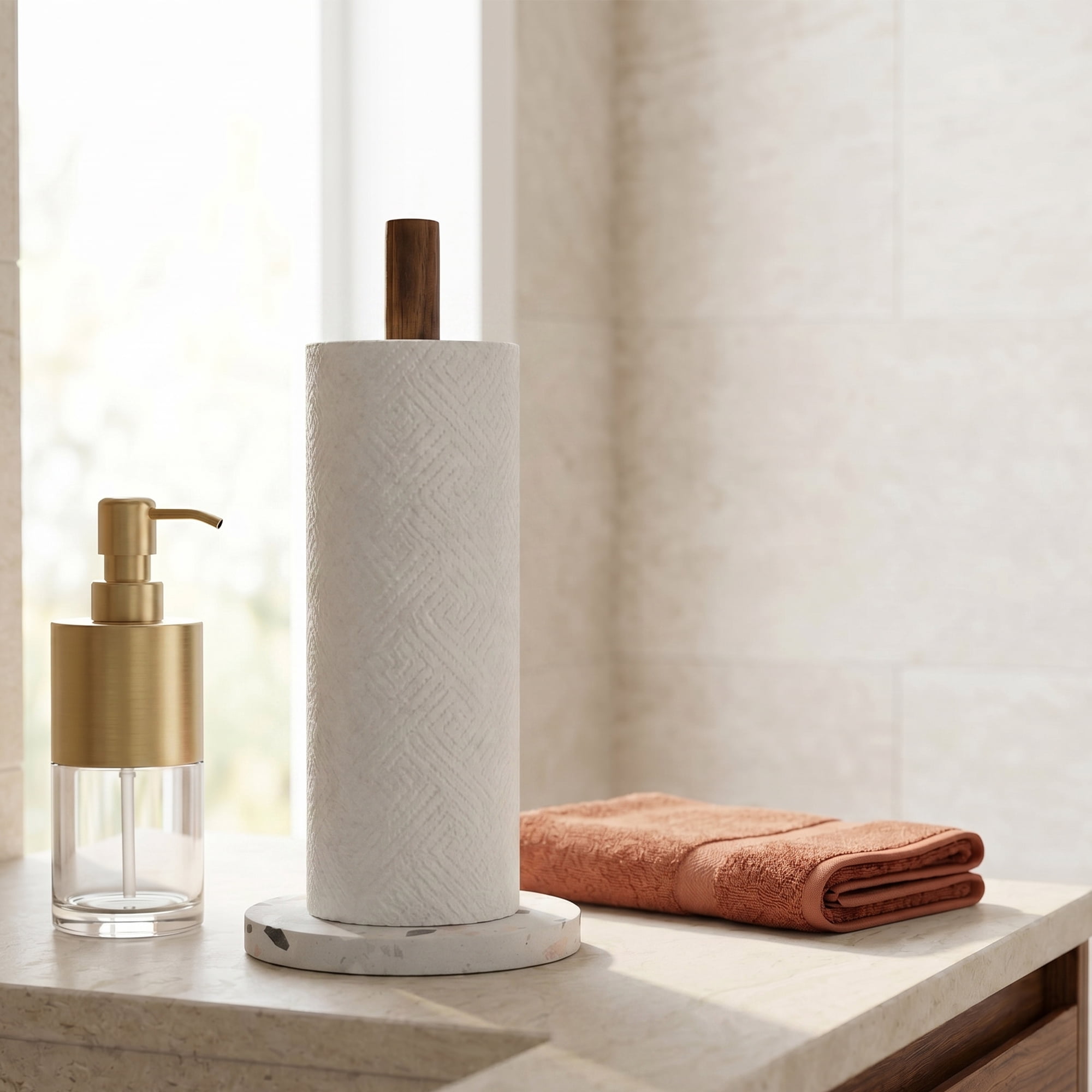 Unique Bargains Paper Towel Holder Countertop Weighted Base Marble Color B 12.6x5.9inch