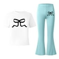 thumbnail image 5 of ZHOGXU Big Kids Girls Outfit Bow Printed Short Sleeve Round Neck Top And Flare Leg Pants Two Piece Comfortable Fashion Sets For Daily Wear Mint Green 11-12 Years, 5 of 5