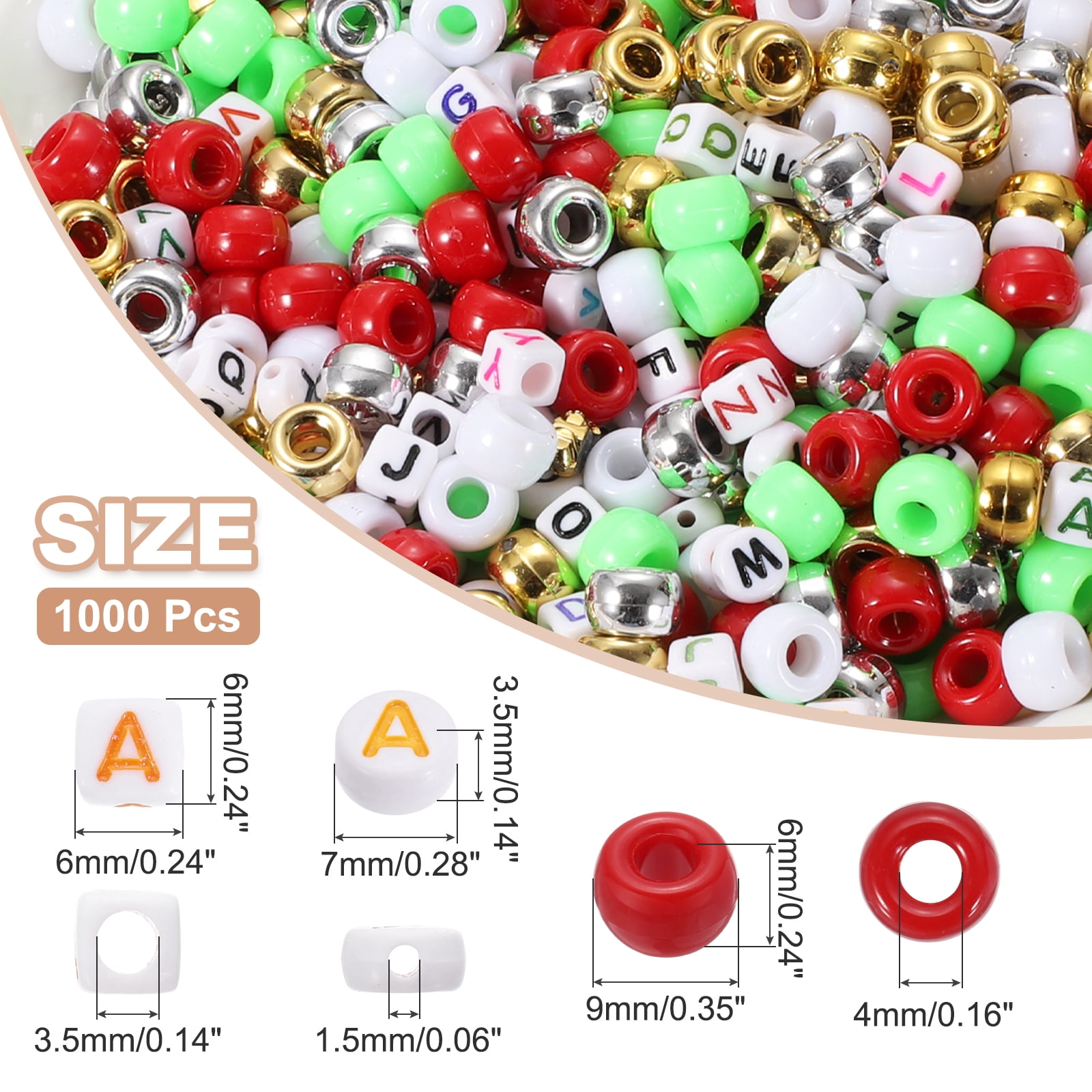 Uxcell 1000 Pcs Pony Beads 6 x 9 mm Acrylic Friendship Bracelet Making Kit with Letter Bead, Red/Green/White