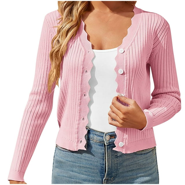 Swstbby Fall Savings Clearance! Womens Fall Jackets, Women's Solid Color Button Up Long Sleeve Cardigan Pink L
