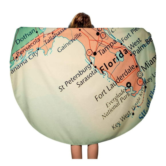 JSDART 60 inch Round Beach Towel Blanket Fort Florida Map Lauderdale Alabama Atlantic Ocean Bay Beach Travel Circle Circular Towels Mat Tapestry Beach Throw