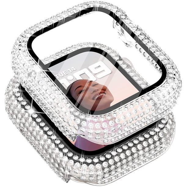 Compatible con Apple Watch Case de 44 mm con protector de pantalla para Apple Watch Series 6/5/4, Bling Case 300 Crystal Diamond Cubierta protectora de vidrio templado para 40 mm y 44 mm, oro rosa