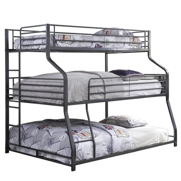 Industrial Style Metal Triple Bunk Bed with Attached Ladder, Gray