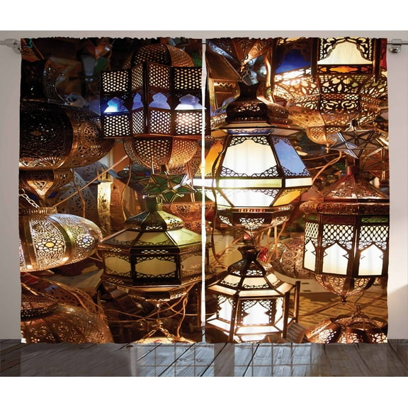 Ambesonne Moroccan Curtains 2 Panel Set, Ethnic Evening Themed View, 108" x 84", Purple Brown and Green