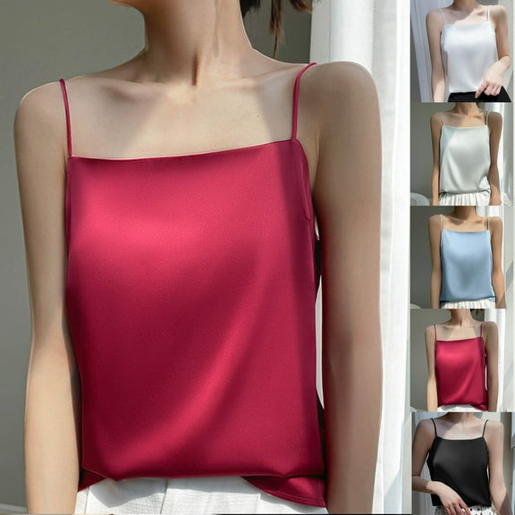 Miluxas Womens Camisole Satin Cami Top Basic Square Neck Spaghetti Strap Top Silky Camisole White 16-18(XL)
