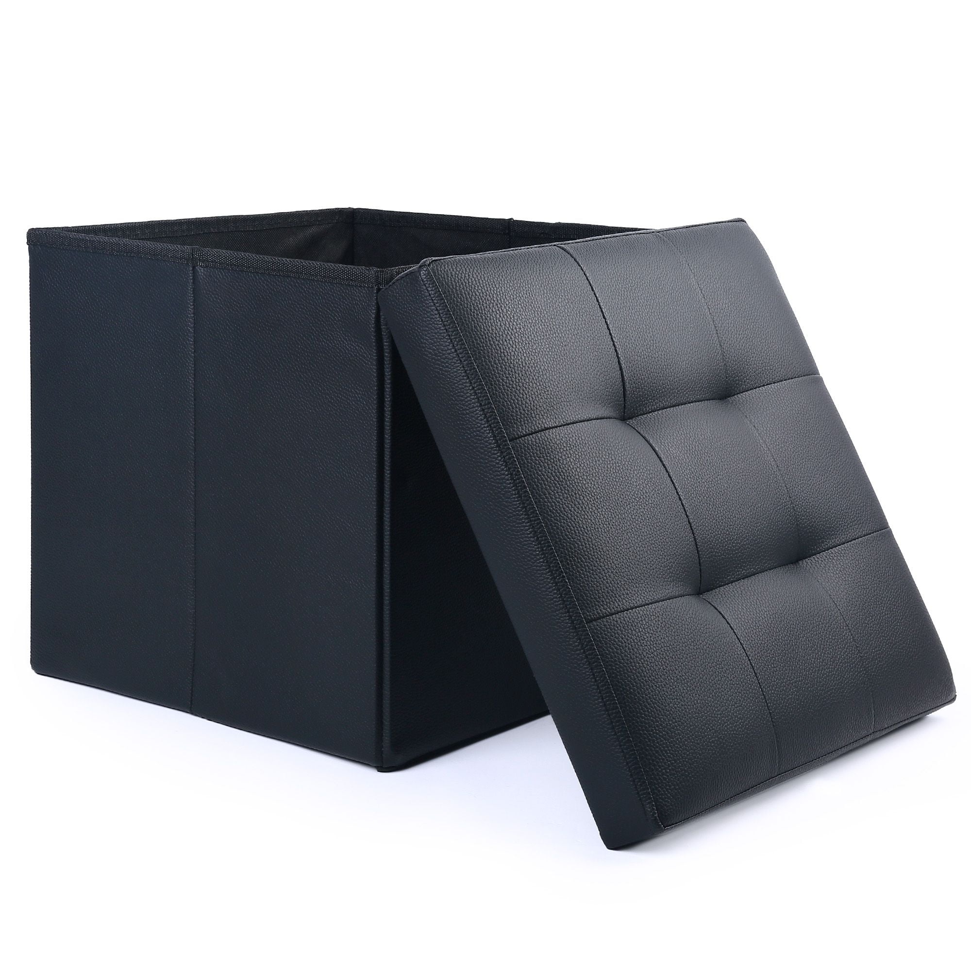 LotFancy 13 in Faux Leather Storage Ottoman Cube,Square Foot Stool Ottoman with Storage,Black