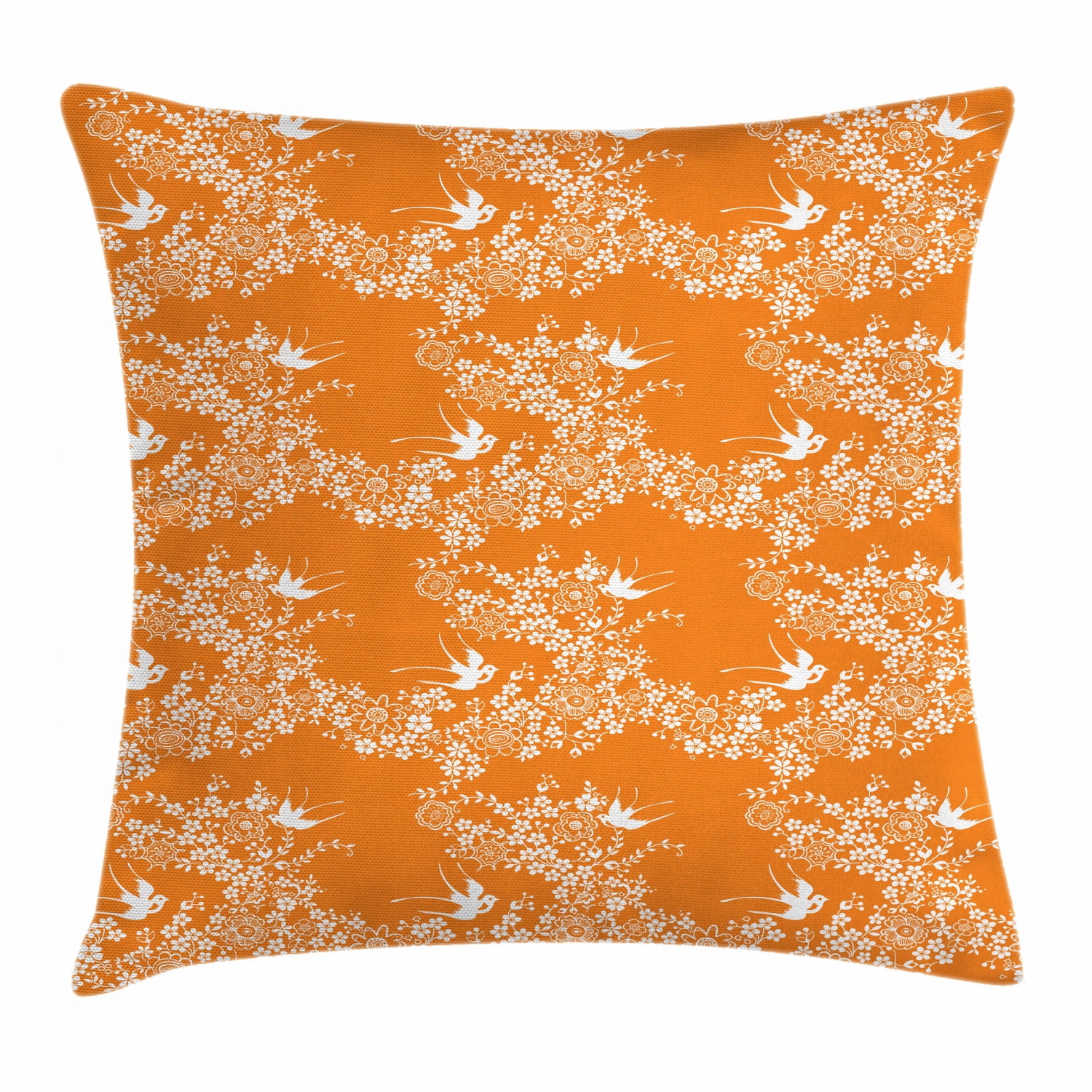 Orange Throw Pillow Cushion Cover, Asian Style Spring Meadow Pattern
