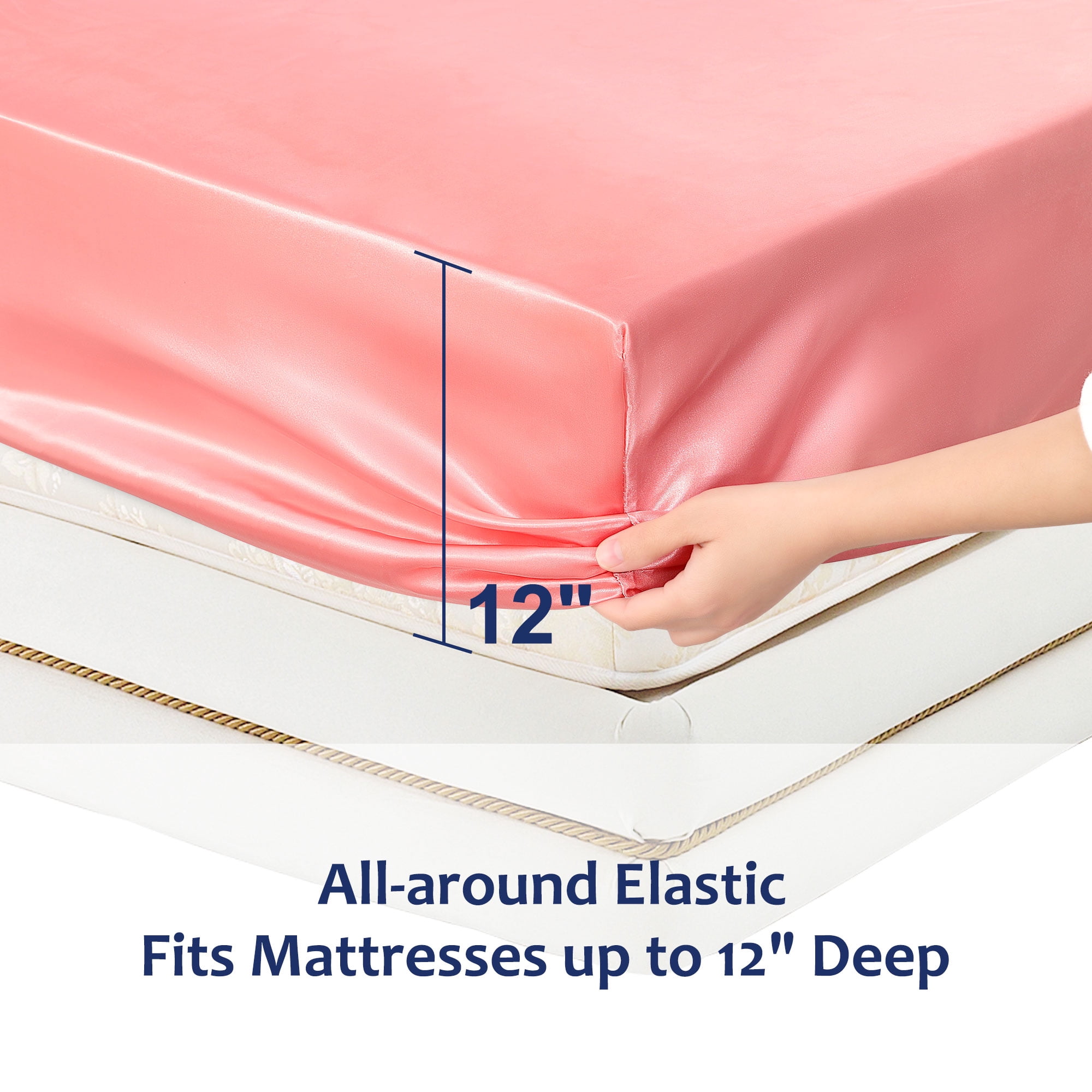 Unique Bargains 12" Large Pocket Satin Silk Fitted Sheet Twin Pink