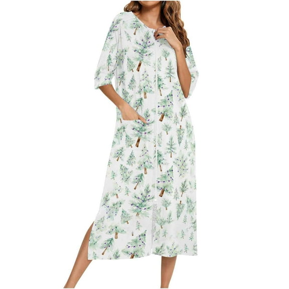 Lorytime Robes for Women Plus Size Long Christmas tree Nightgown Crewneck 3/4 Sleeve Pajamas Dress Sleepwear White L
