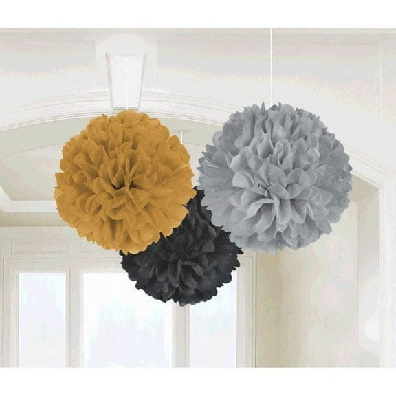 Black Gray & Gold Large Fluffy Pom Pom Hanging Decorations (3ct)