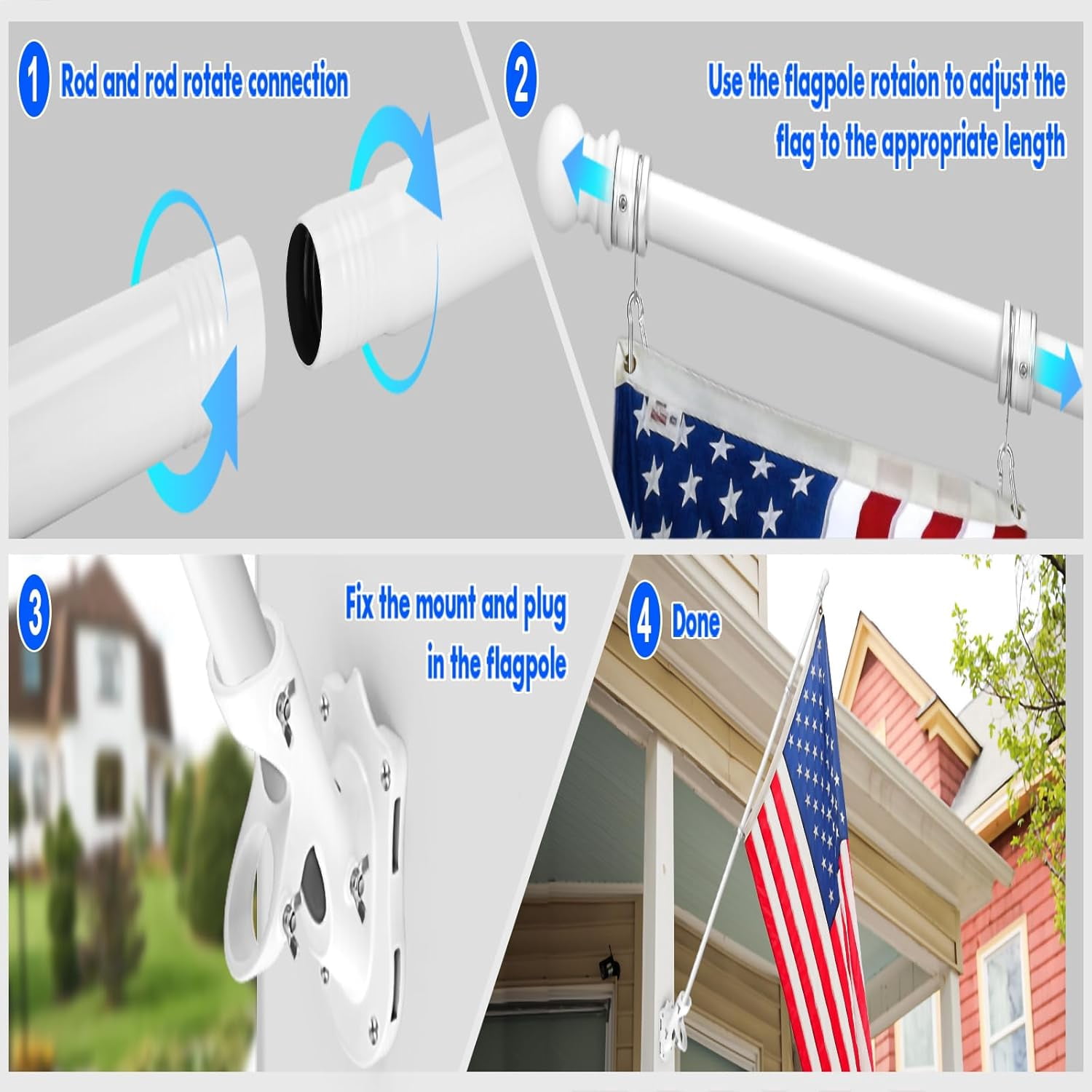 Flag Pole Kit- Stainless Steel 5 FT Flag Poles with1 Inch Metal 360° Rotating Flag Pole Rings Clip, Two-Position Flag Pole Holder Brackets Mounting for Outside House Outdoor Porch(5 FT - Sliver)