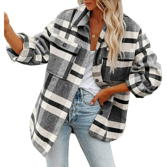 Women's Loose, Soft & Comfortable Plaid Button Coat for Work or Travel - Black & White, Size L Chic Grid Jacket Sarapandan