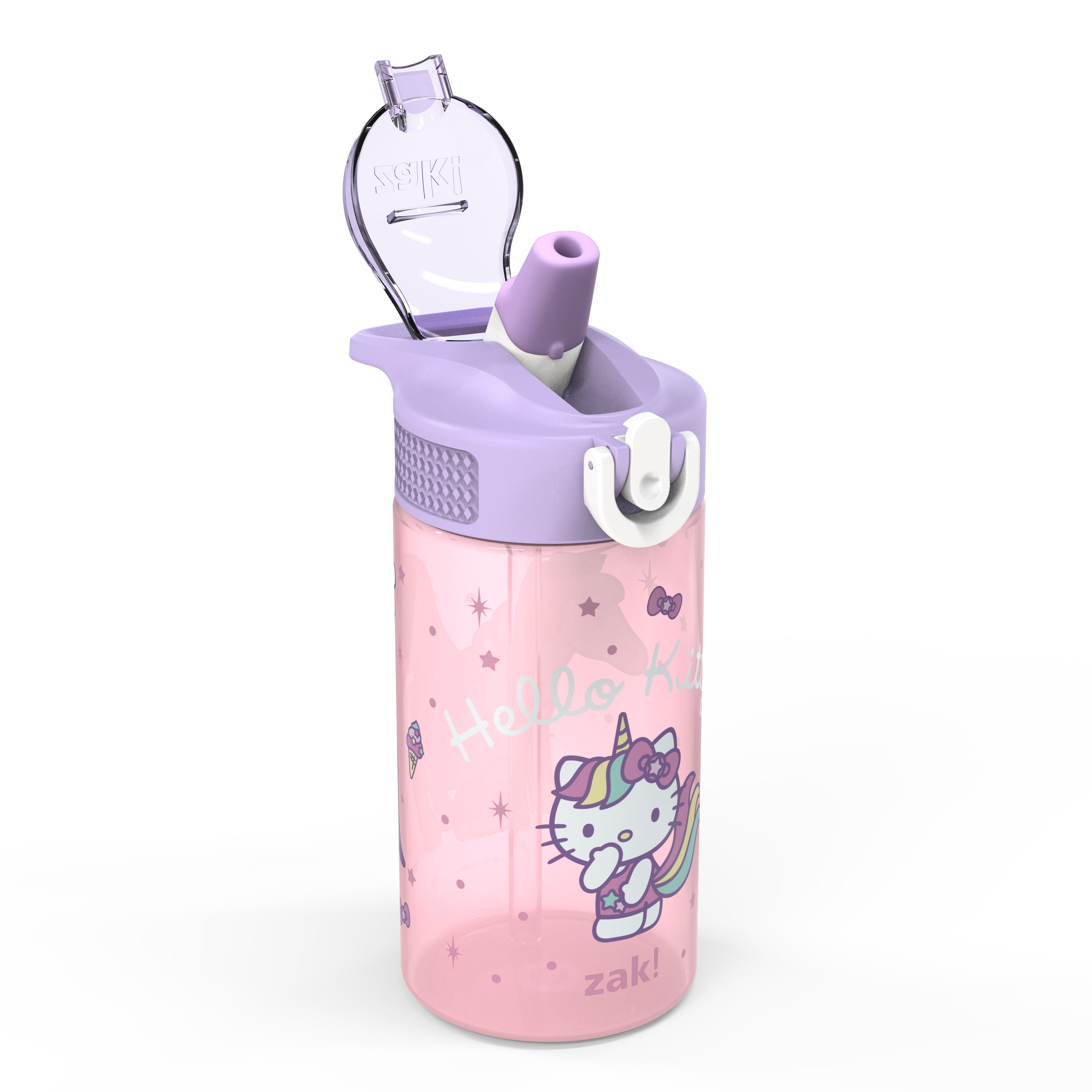 Zak Designs 16oz Hello Kitty Kids Straw Water Bottle, Durable Plastic Park Bottle with Easy-Open Locking Spout Cover for Travel, Built in Carry Handle