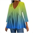 thumbnail image 2 of ZQGJB Fall Tops for Womens Trendy Tie Dye Gradient Ruffle Hem Baggy Pullover T Shirts Cute V Neck 3/4 Sleeve Blouses Loose Fit Ombre Tunic Tees Green L, 2 of 6