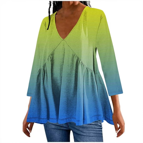 HKEJIAOI 3/4 Length Sleeve Gradient Color Tops Casual Trendy Shirts Loose Fit Flowy Pullover Top Blouse, O-Green XL