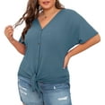 thumbnail image 4 of Cueply Womens Plus Size Tops Short Sleeve V Neck Waffle Knit Tunic Blouse Tie Front Button up T Shirts, 4 of 5