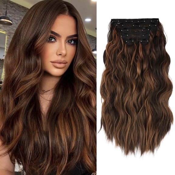 JOFMWIX Clip in Long Wavy Synthetic Hair Extension 20 Inch 6pcs Auburn & Chestnut Thick Hairpieces Fiber Double Weft Hair for Women