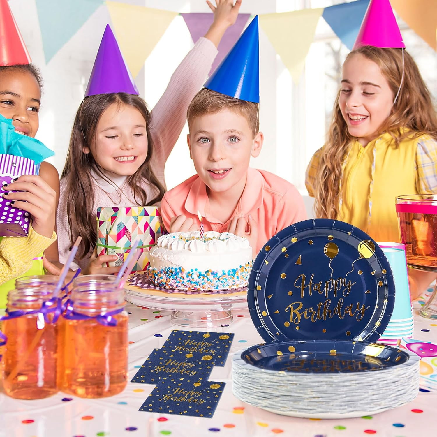 150PCS Happy Birthday Paper Plates and Napkins - 7 Inch Deep Blue Gold Dot Paper Plates and 6.5 Inch Napkins with 6.3 Inch Gold Forks Disposable Tableware Set for Birthday Party Decorations, Serves50