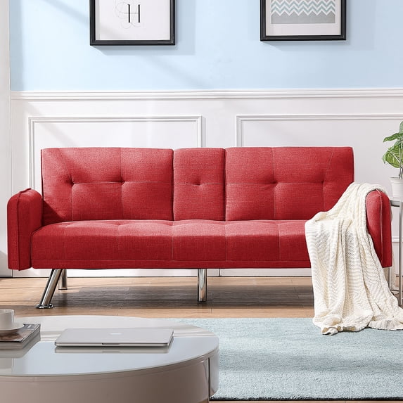 Convertible Futon Sofa Bed, Modern Sleeper Sofa with Armrest and 2 Cup, Red