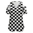 thumbnail image 4 of Black And White Plaid Womens Summer V Neck Zipper Top Short Sleeve T Shirt Off Shoulder Top Casual Classy Loose Shirts, 4 of 7