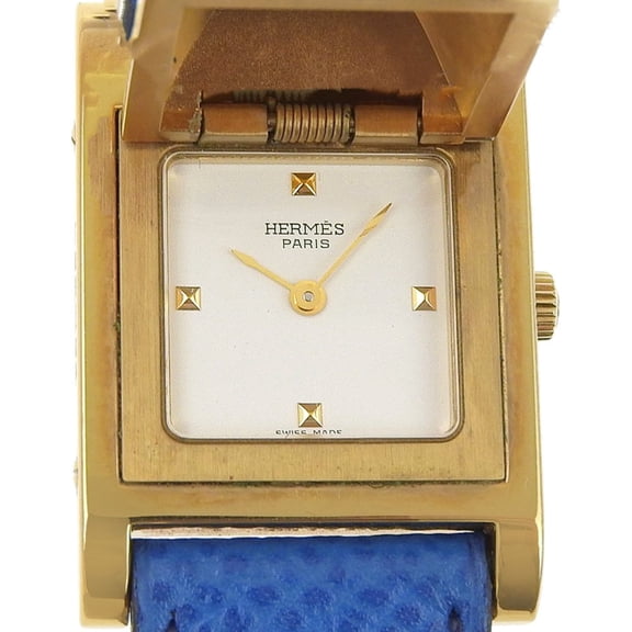Pre-Owned Hermes Medor watch, gold plated x leather, 1994 model, quartz, analog, white dial,...